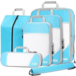 Kolvoii Compression Packing Cubes 6 Set, Ultralight Expandable Packing Cubes for Travel Essentials for Carry on Suitcase with Underwear Bag & Shoe Bag-Blue