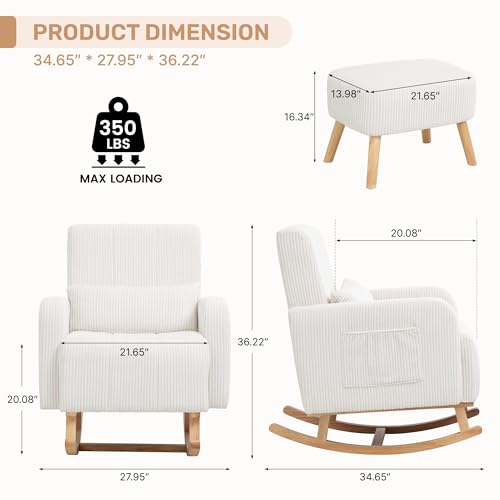 Image of HCHAIRH Rocking Chair with Ottoman, Corduroy Upholstered Glider Rocker with High Backrest and Side Pocket, Comfy Reading Chair with Solid Wood Legs for Nursery, Living Room,Bedroom Beige