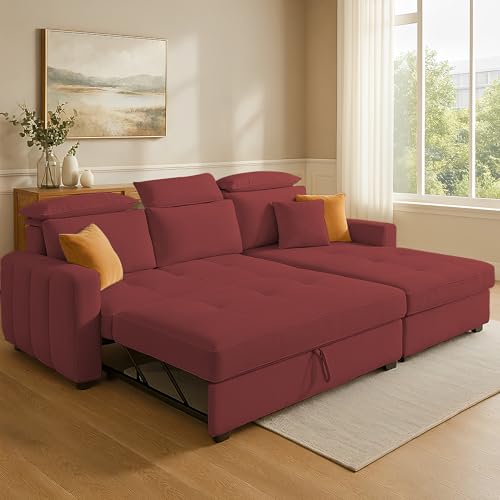 Image of Casaliving Gagnon RHS 4 Seater L Shape Corner Sofa Cum Bed for Living Room (Maroon Fabric) Premium Fabric Sofa