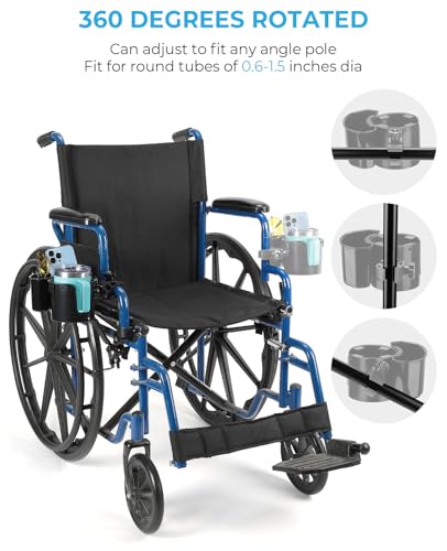 JOYTUTUS Wheelchair Cup Holder, 2-in-1 Walker Cup Holder with 6.4'' Large Storage Box, Drink Holder for Bottle with Handle, Fit for Wheelchair, Walker, Rollator, Stroller, Camper, Golf cart (Large)