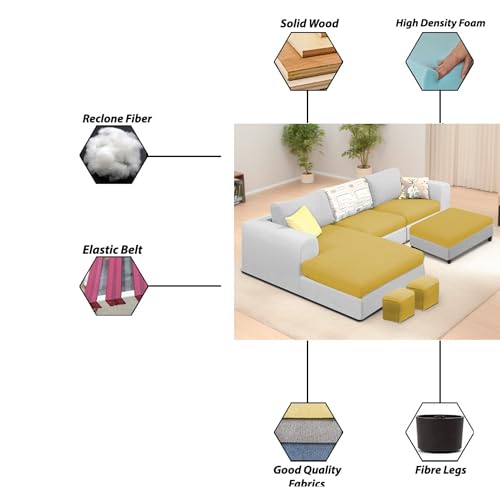 Image of Koza LHS 4 Seater L Shape Sofa Set with Center Table for Living Room (Yellow Grey Fabric) Premium Fabric Sofa