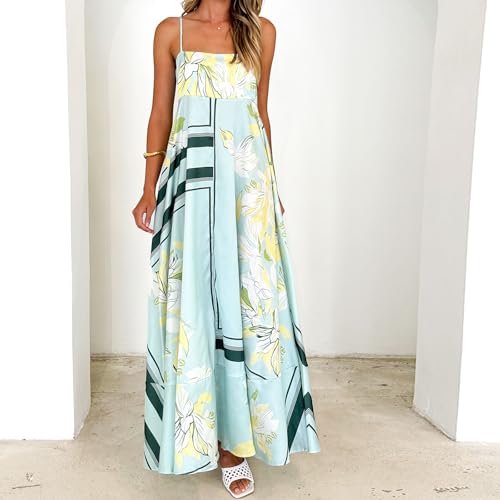 Image of NUFIWI Women Summer Striped Maxi Dress Spaghetti Strap Cutout Ruffle Long Dress Flowy Swing Beach Vocation Dress