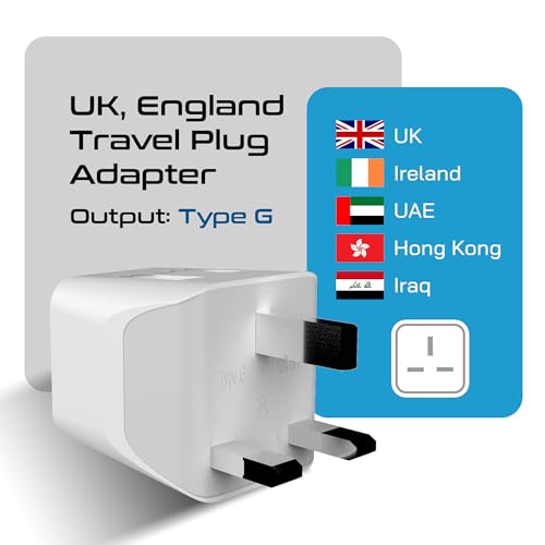 Image of Ceptics UK adapters for Travel to London, UAE, Hong Kong - USB-A, USB-C & USA Input - Ultra-Compact Grounded Type G Adapter - Use with Phones, Laptops, Cameras