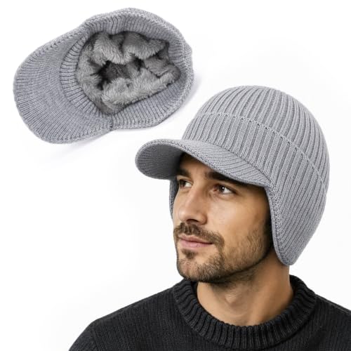 Image of Mens Beanie Hat with Brim & Ear Flaps, Fleece Lined Winter Warm Wooly -Grey