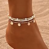 Kotkiddy Bracelet de Cheville Schneckenhäuschen pour Femmes, Set de Bracelets Ajustables en Perles Boho plaqué Or 14K, Bijoux de Pied avec Coquillage, étoile de mer et Perle cœur pour Plage