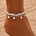 Qceasiy Shell Ankle Bracelet Set for Women, Gold Plated Boho Bead Adjustable Anklet, Hawaiian Beach Seashell Pearl Heart Starfish Conch Foot Jewelry Gifts (Disc 3Pcs)
