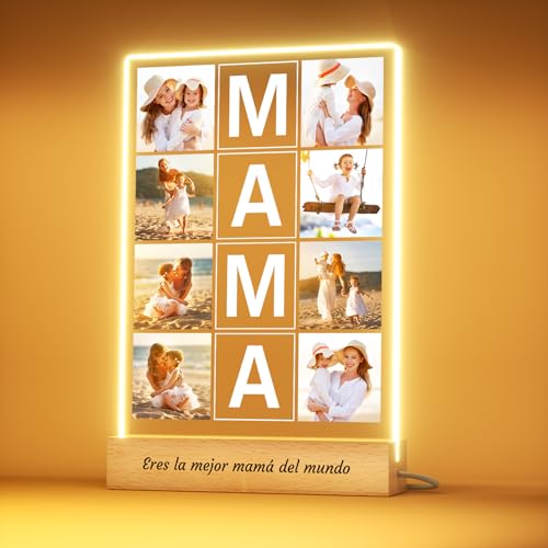 CustomKing Presente Dia da Mãe candeeiro mãe, moldura de fotos personalizada com luz LED, presente original para mulher em aniversários