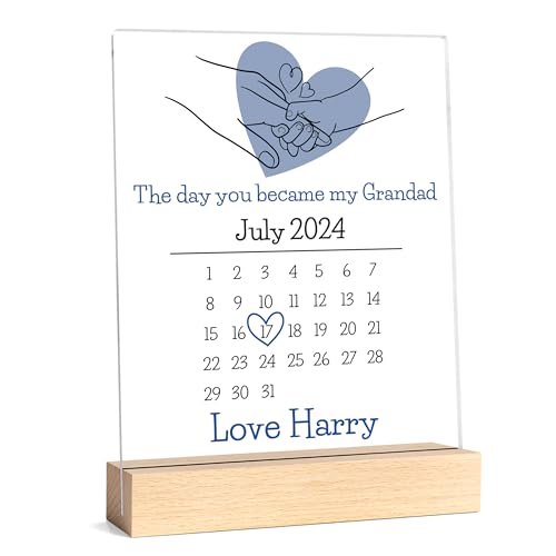 Beecreative The Day You Became My Grandad Gift From Grandson or Granddaughter - Personalised Father's Day, Birthday or Christmas Acrylic Plaque Keepsake With Wood Base