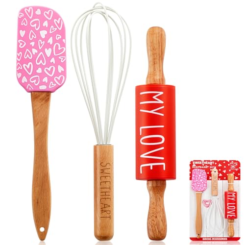 Fuutreo Mother's Day Mini Bake Set with Mini Spatula, Whisk and Rolling Pin, Sweetheart Pattern, Heat Resistant, Holiday Mothers Gift Bake Set for Baking Cooking Sauteing Mixing Serving Stirring