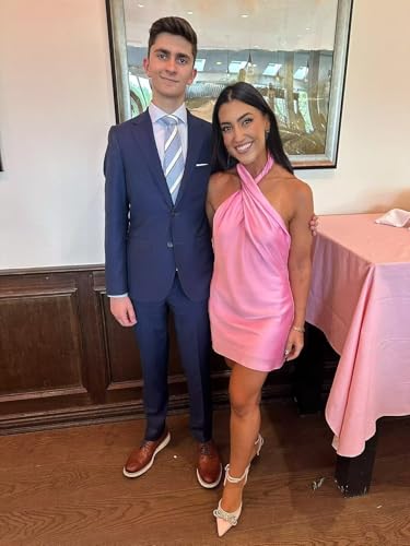 TIRAS Satin Halter Neck Homecoming Dress for Teens 2025 Short Backless Formal Cocktail Party Dresses CM4554