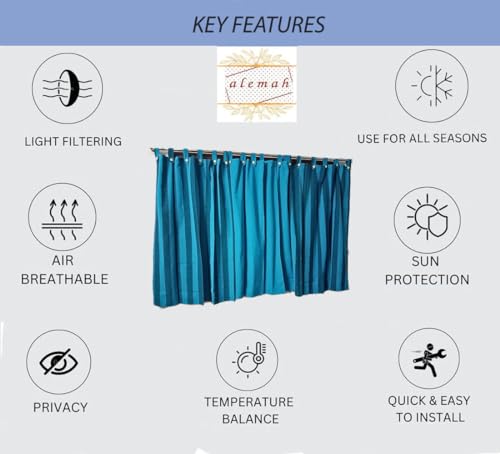 Image of 8 Feet Cotton Stripe and Solid Combo Light Filtering Semidarkening Button Type Tab Top Loop Curtains for Long Door or Lobby Room, Blue Multi, Set of 3 Pieces.