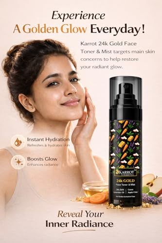 Image of Title: Karrot 24K Gold Face Toner & Mist 100ml for Golden Glow & Radiance - with 24K Gold Dust, Niacinamide, Apple Cider Vinegar, Carrot Seed & 5 Ceramides, Derma Tested, pH Balanced