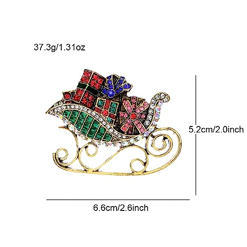Image of Christmas Sleigh Ride Brooch Pin for Women Girls Men Multi-Colored Rhinestone Sled Presents Pins Clip Lapel Sweater Scarves Jackets Dress Brooches Pins Dainty Clothes Accessories Jewelry Gifts Xmas