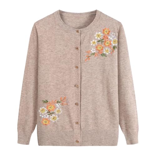 Generic Grandma Spring Thin Cardigan Women Embroider Flower Sweaters Middle-Aged and Elderly Knitting Coat Brown Gray