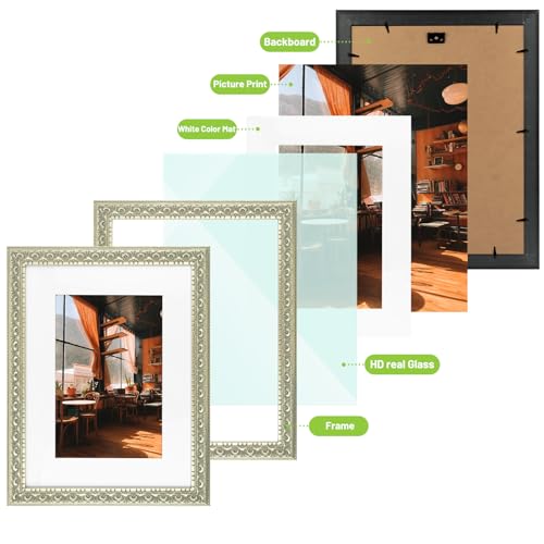Image of Golden State Art, 12X16 Ornate Finish Photo Frame with White Mat for 8X12 Picture & Real Glass, Color: Silver Beige