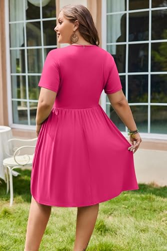 Image of IN'VOLAND Women Plus Size Short Sleeve Dresses Casual Summer T-Shirt Dress Knee Length Loose Dresses with Pockets Rose Red