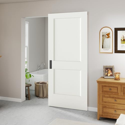 BarnSmith 36x84 Concealed Sliding Barn Door 2 Panel White Primed Hidden Barn Door with Soft Close Installation Hardware and Double Sided Pulls Included Pre-Assembled Panel