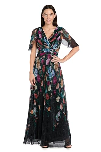 R&M Richards Womens Elegant Floral Print Maxi Gown W/Flutter Sleeves | V-Neck Pleated Evening Dress | Cocktail & Party