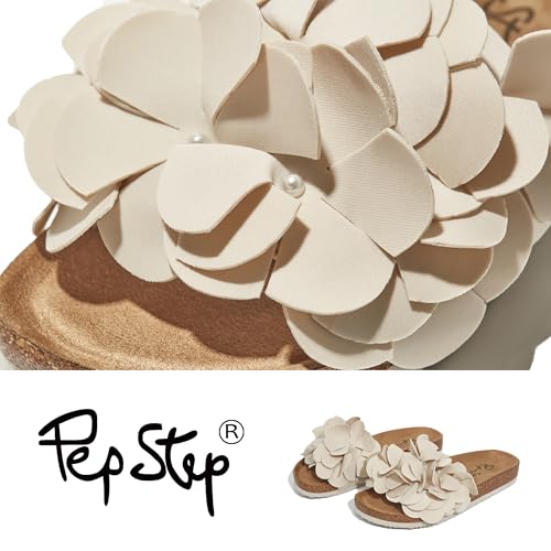 Image of PepStep Slide Sandals for Women or Ladies Dressy Summer Casual, Cute Bow Tie Knot On Top Strap, Comfy Slip On Cork Foot Bed