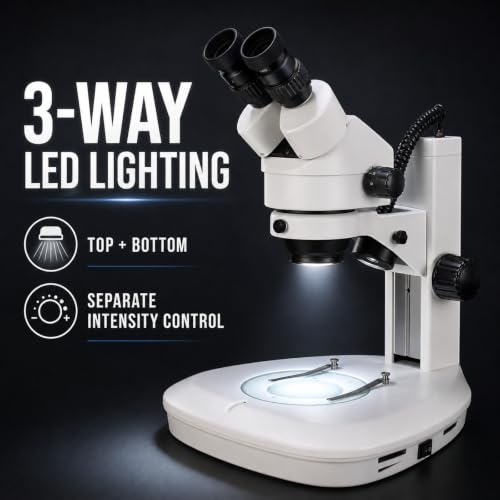 Image of VS-2EZ Binocular Zoom Stereo Microscope, 10x Widefield Eyepiece, 0.7X-4.5X Zoom Range, 3.5X-90x Magnification Range, 0.5X & 2X Auxiliary Lens, LED Illumination, Track Stand