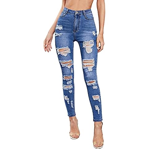 Tulucky Womens Mid Rise Skinny Stretch Ripped Denim Pants Destroyed Boyfriend Jeans, Royalblue, XXL Cover