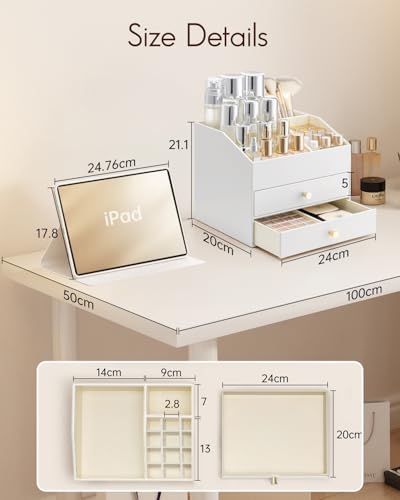 Vlando Make up Organizer mit 3 Schubladen, Schminktisch Organizer, Kosmetik Organizer, Schmink Organizer für Badezimmer, Dresser Skincare, Weiß