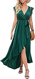 GRECERELLE Women's Floral Print Cross V Neck Summer Dress Boho Beach Flowy Long Maxi Dresses Dark Green-S