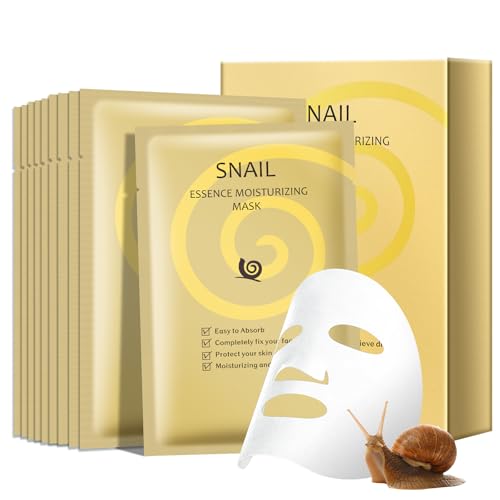AOPEIBOTO Snail Mucin Mask, Pack of 10 Snail Mucin Sheet Masks, Deep Hydrating Face Mask for All Skin Types, Moisturizing, Strengthen Skin Barrier, Relieve Dryness