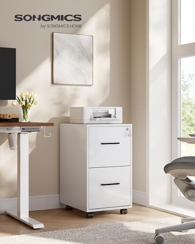 Image of SONGMICS File Cabinet, Pre-Assembled Except Wheels and Handles, Office Filing Cabinet with Lock, for A4, Legal, Letter Sized Documents, 17.7 x 14.4 x 25.4 Inches, Matte White and Black UOFC112W01