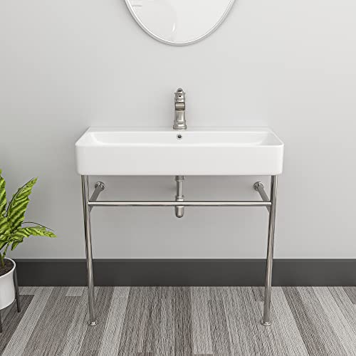 White Console Sink Vessel - Sarlai 35 Inch Console Sink White Ceramic Bathroom Vanity Sink Basin With Silver Chrome Steel Pedestal Leg #TOP2