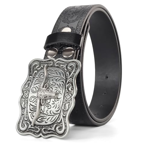 Western Cowboy Belts for Men Women - Longhorn Bull Decoration Pu Leather Cowgirl-Country-Belt for Jeans Pants
