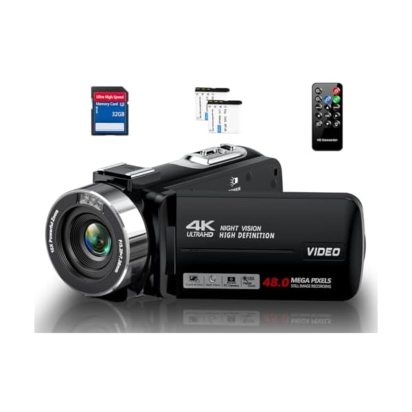 4K Video Camera Camcorder 48MP 30FPS with IR Night Vision,18X Digital Zoom Camera Recorder 3.0″ LCD Touch Screen Vlogging Camera for YouTube with Controller, 2 Batteries, 32GB SD Card
