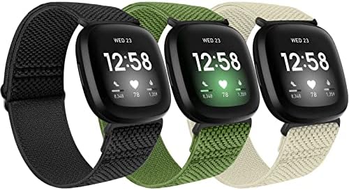 3 Packs SHIJZWD Elastic Watch Strap Compatible with Fitbit Versa 3/Fitbit Sense, Soft Breathable Nylon Sports Loop Band Stretchy Adjustable Replacement Wristband for Women Men (Black + Grey + Indigo)
