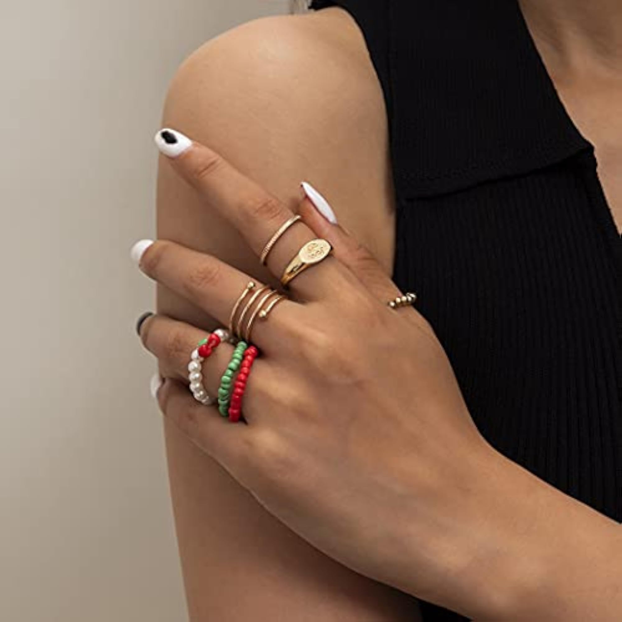 Women's Bohemian Decorative 7PCS Colorful Bead Rings, Stackable