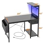 TIQLAB Gaming Desk 40 inch with Power Outlet and LED Light, Computer Desk with Reversible Shelves and Storage Drawer, Small PC Desk for Home Office Table with Bag, Carbon Fiber Black - Image 3