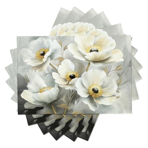 Manteles Individuales 8 Juego de Floral Retro,30 ×45 cm Lavables Algodón Lino Salvamanteles Individuales Duradero para Cocina y Comedor (Anémona Blanca)