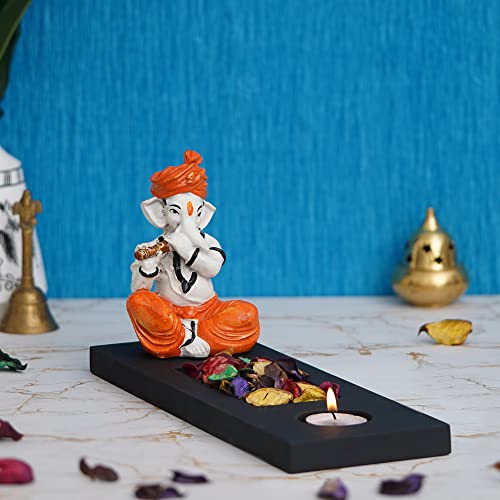 Image of eCraftIndia Orange White Resin Lord Ganesha Idol Playing Flute Showpiece Potpourri Rectangle Tea Light Candle Holder| Ganpati Murti Tea Light Holder Diwali Decoration Items for Home Decor| Diwali Gift