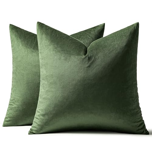 Image of MIULEE Pack of 2 Moss Green Polyester Throw Pillow Covers 12x12 Inch Soft Solid Decorative Square Set Cushion Cases for Spring Couch Sofa Bedroom