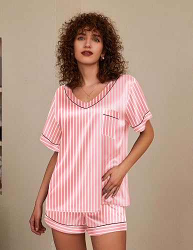 Image of Ekouaer Silk Pajama for Women Short Sleeve Satin Pj Set Two Piece Soft Sleepwear Loungewear S-XXL