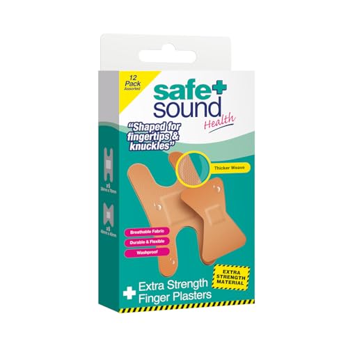 Safe & Sound Extra Strength Finger Plasters 12 Pack Assorted Knuckle & Fingertip Bandages - Breathable Flexible & Washproof Durable Fabric