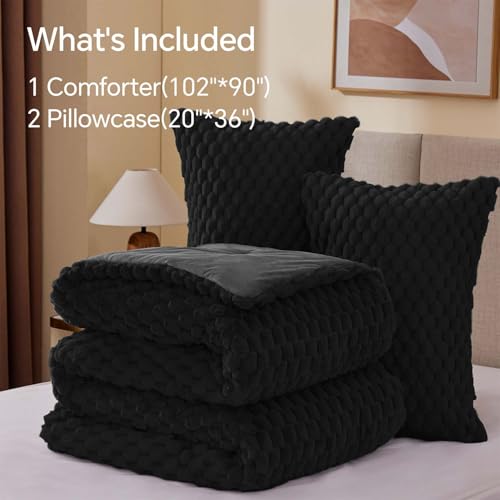 BEDELITE Fluffy King Size Comforter Set - Black Fleece Soft Comforter for King Size Bed, Luxury Warm Bedding Set for Winter, Fuzzy Bed Set 3 Pieces (1 Comforter, 2 Pillowcases)