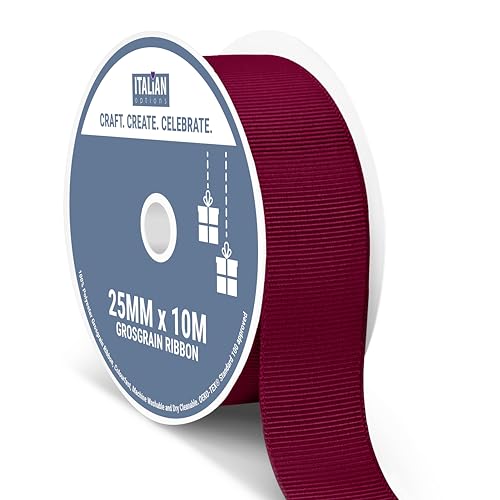 Italian Options Grosgrain Ribbon 25mm Strong Plain Burgundy Ribbon for Bows Wedding Crafting Sewing Hair Accessories Gift Wrap 25 mm x 10 Metre Roll Burgundy