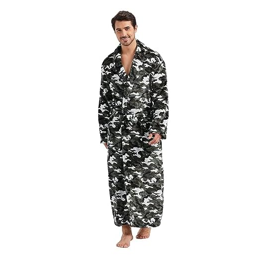 FashGudim Roupão masculino grande e alto comprimento total de lã de pelúcia roupão longo para homens roupão de banho xale gola quente inverno casa robes, Camuflagem, XX-Large-3X-Large Big Tall