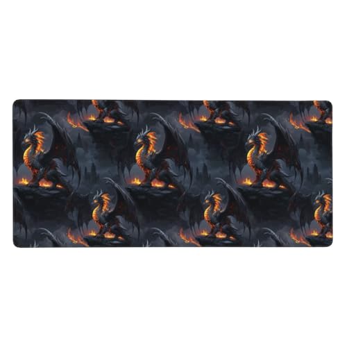 Tapis de souris de jeu grand format avec base caoutchouc dragon de feu