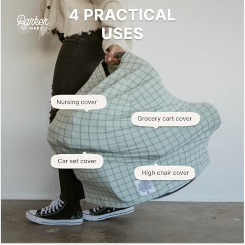 Image of Parker Baby 4 in 1 Car Seat Cover for Girls and Boys - Stretchy Carseat Canopy, Nursing Cover, Grocery Cart Cover, High Chair Cover - inchSage /Pewter inch