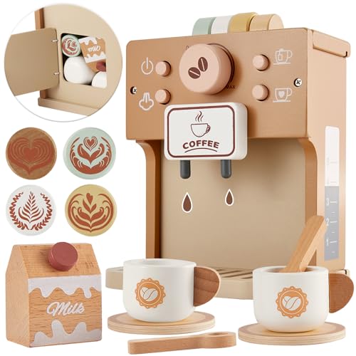 BUYGER Kinder Kaffeemaschine Kinderküche Zubehör Holz, Küchenspielzeug...