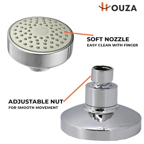 Image of HOUZA Square Shower Head for Bathroom | 4 Inch Single Flow Overhead Shower with Arm | Adjustable Bathroom Shower with Even Water Flow & Rust Resistant | Anti-Clog Silicone Nozzles for Wall Mounting