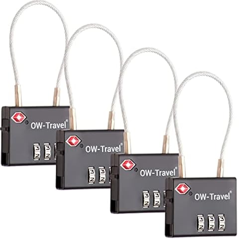New TSA Approved Luggage Locks (4 Pack) OW-Travel 3 Digit Heavy Duty Zinc Alloy Security Cable Padlock, Combination Padlocks, Code Lock for Suitcase, Zipper, Luggage, Bag, Case, Gym Locker (Black) Cover