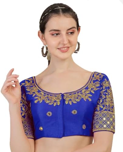 Pujia Mills Women's Silk Heavy Embroidery Peacock Khatli Work with Stone Work Readymade Half Sleeve Blouse (Lavendor), Lavendor, 38