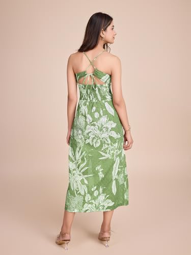 Image of Women Pure Cotton Printed A-Line Dress | Floral Summer Midi Dress | Casual Office Wear Lightweight Dress for Women (D207)